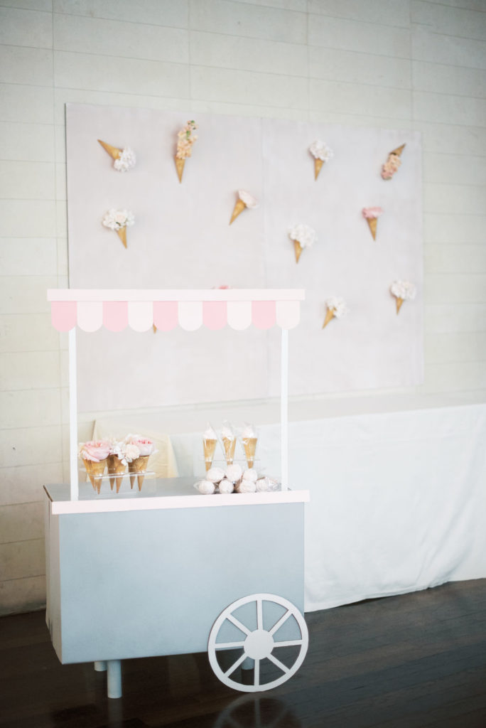 handmade pink ice cream cart with guest favours
