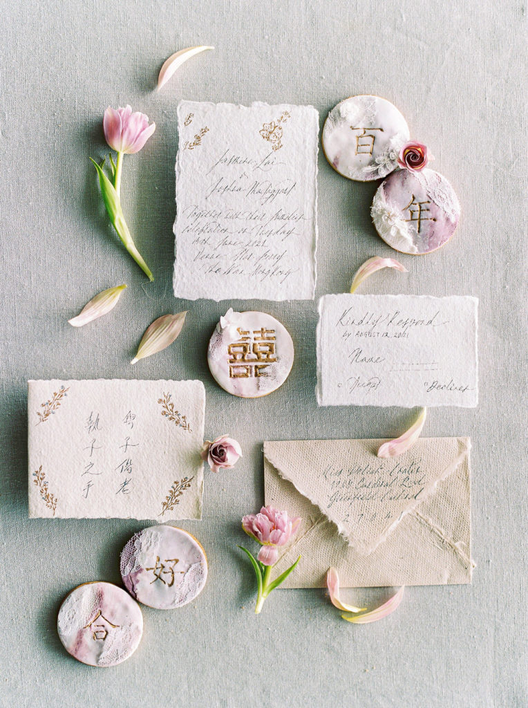 Flatlay of chinese wedding invitation sutie