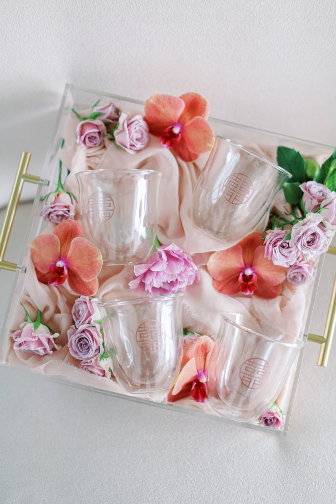 Modern wedding tea ceremony cups laid on tray