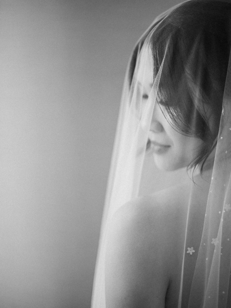 black and white photo of bride