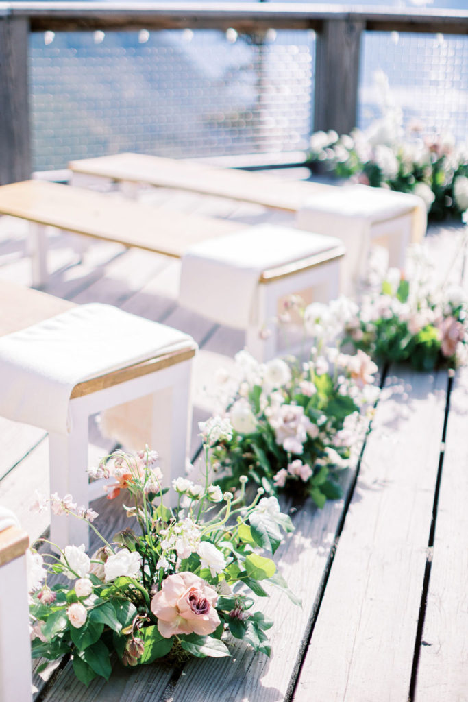 benches with blankets and florals