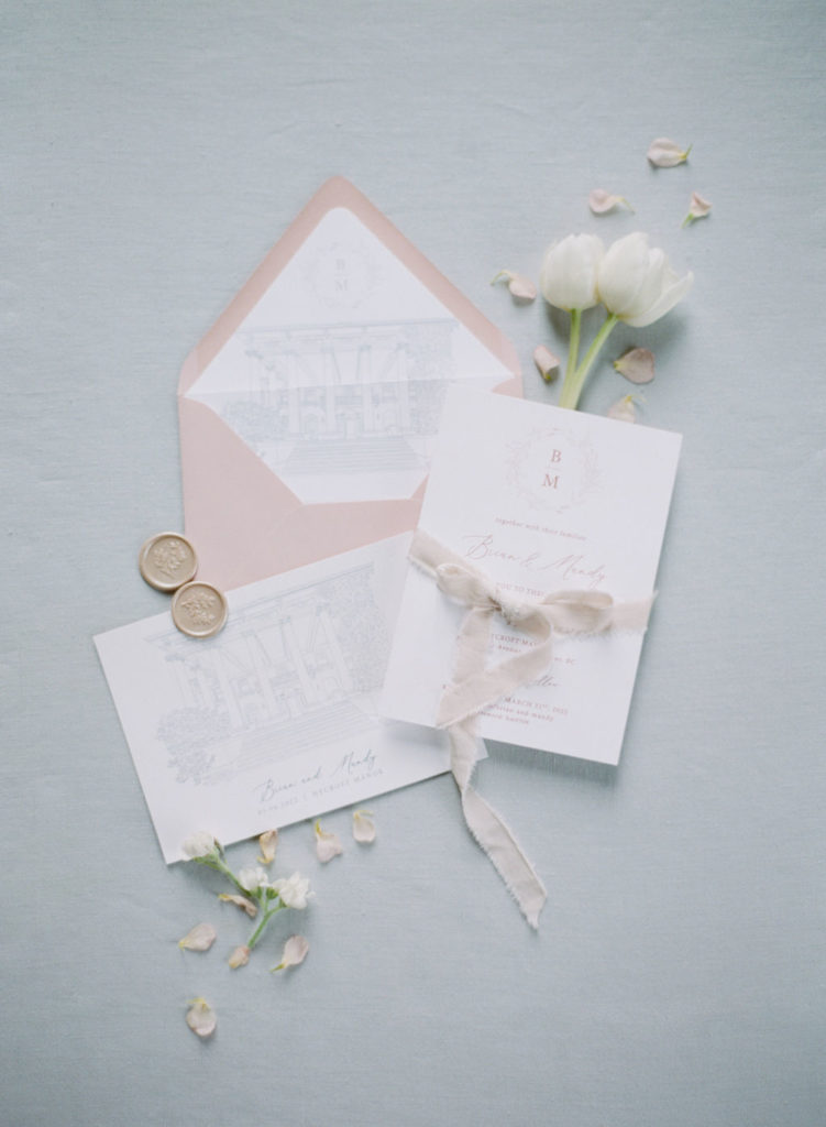 spring hycroft wedding invitation flatlay
