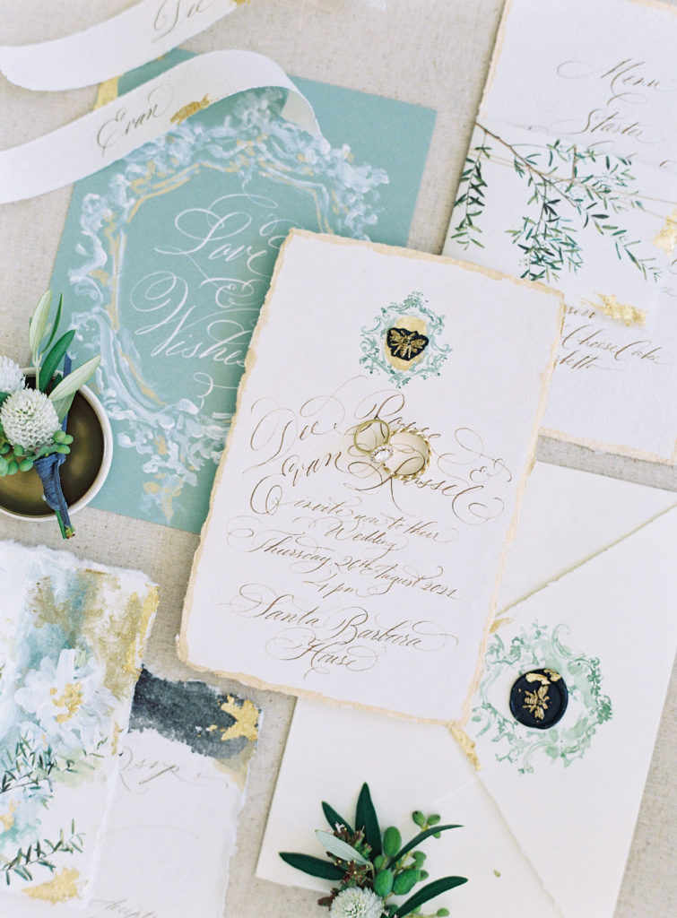 green invitation suite example for wedding planning