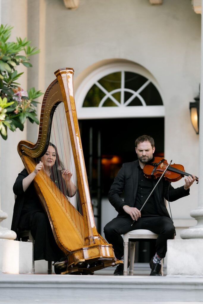 harpist and violinist for classic hycroft wedding