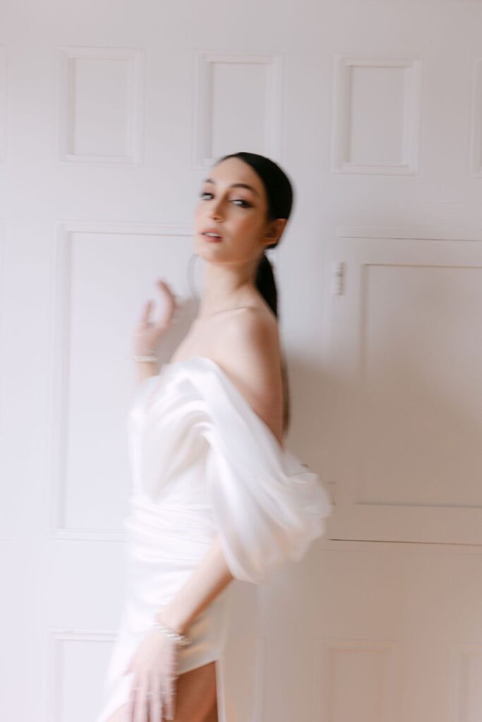 blurry photo of bride posing