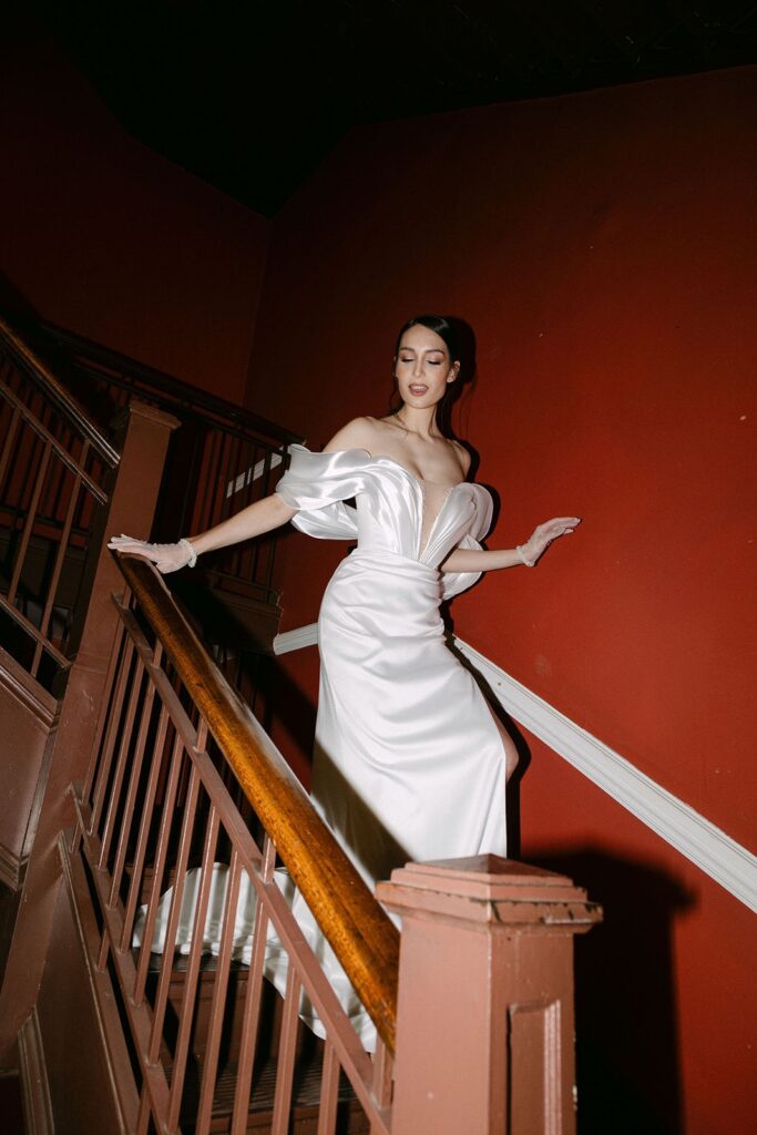 bride running down the stairs