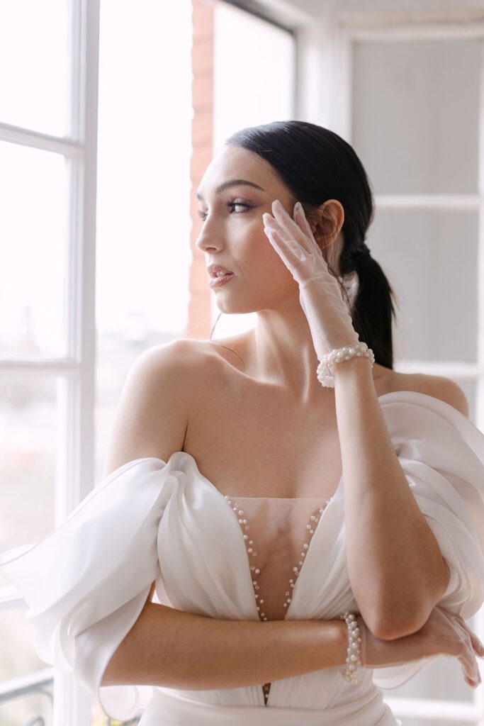 bride thinking looking out window