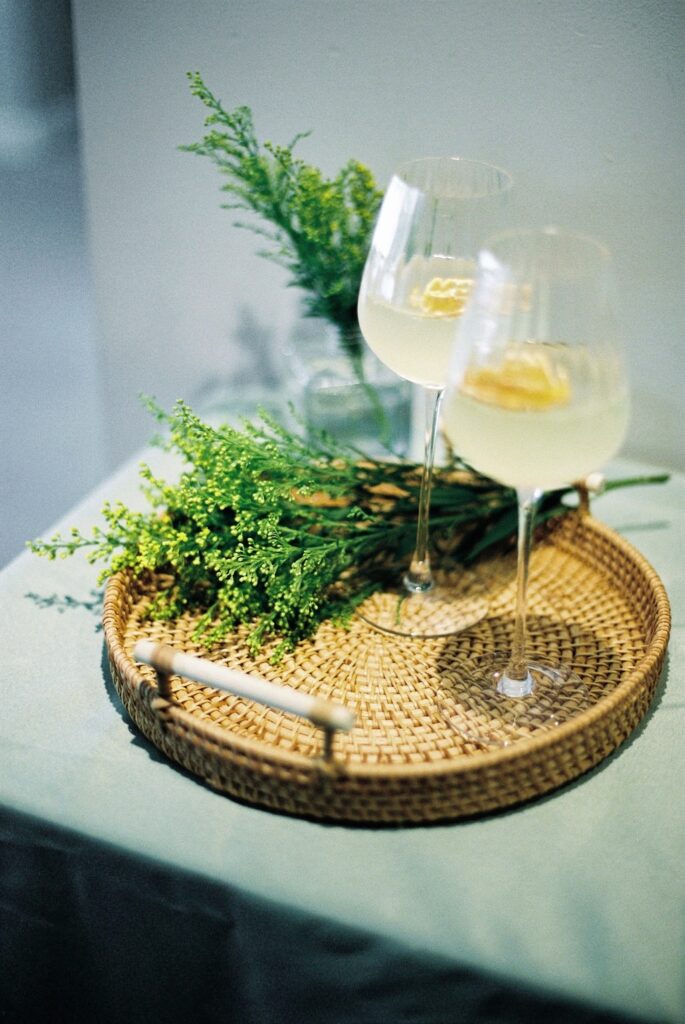 Tray with florals and drinks for baby shower