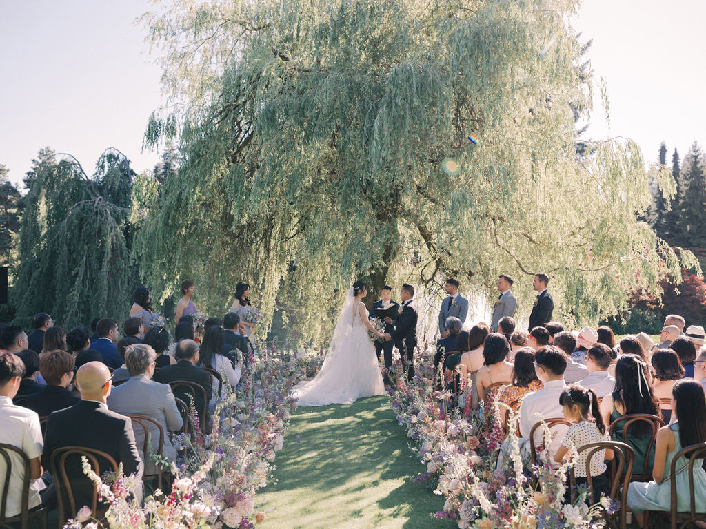 guests and couple under willow tree