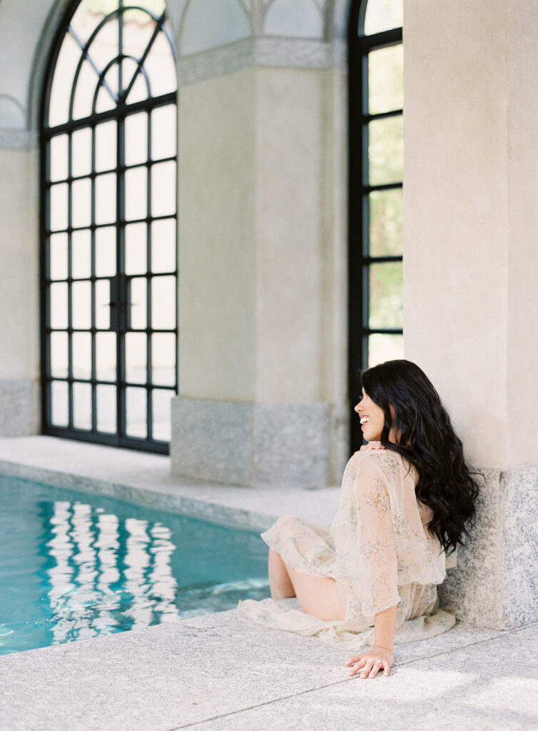 Bride at swimming pool at Villa Balbiano