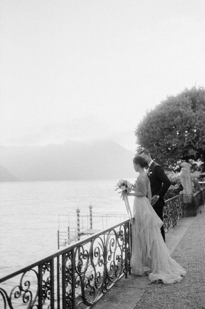 Black and white photo of Lake Como wedding couple