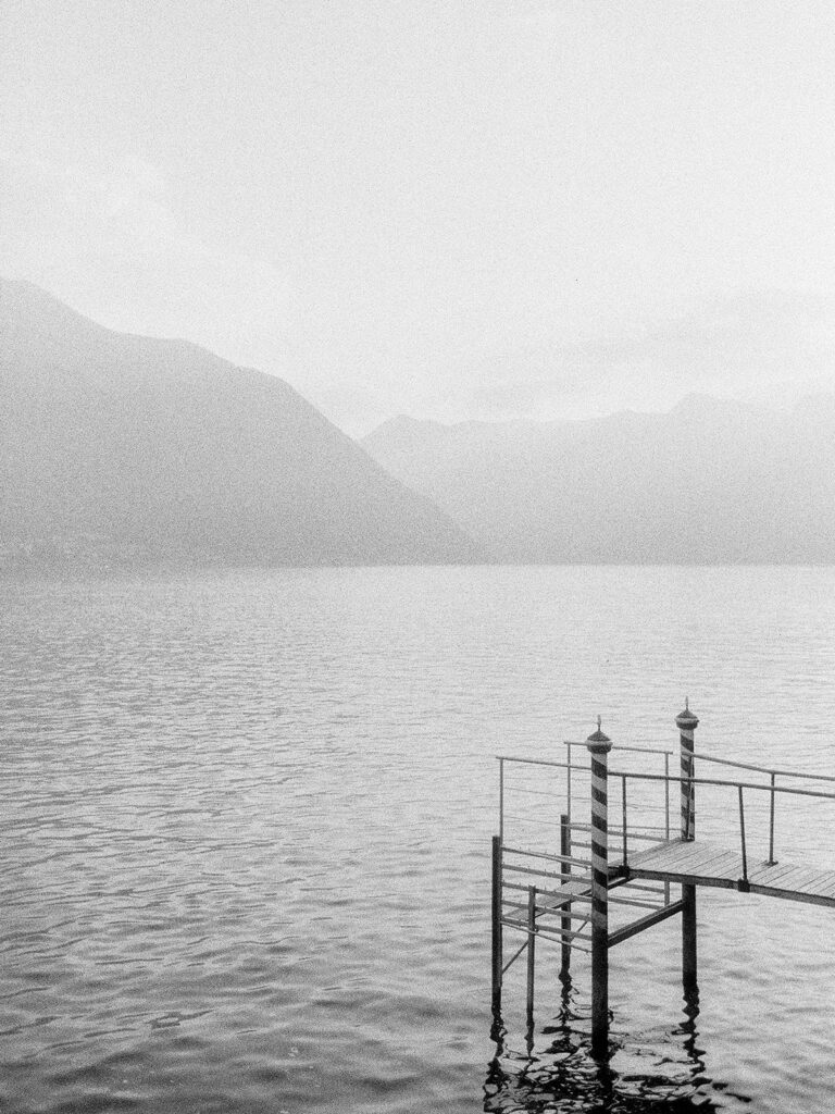 Black and white view of Lake Como