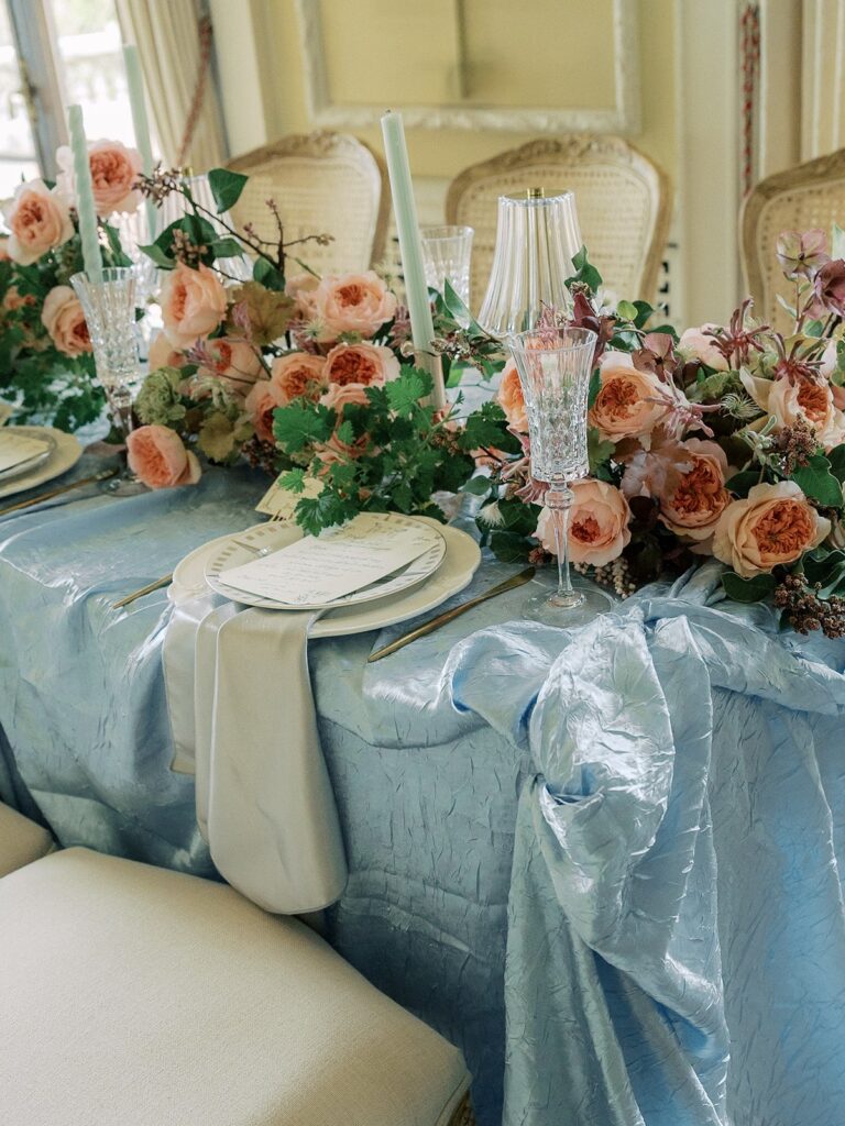 blue table linen with place setting