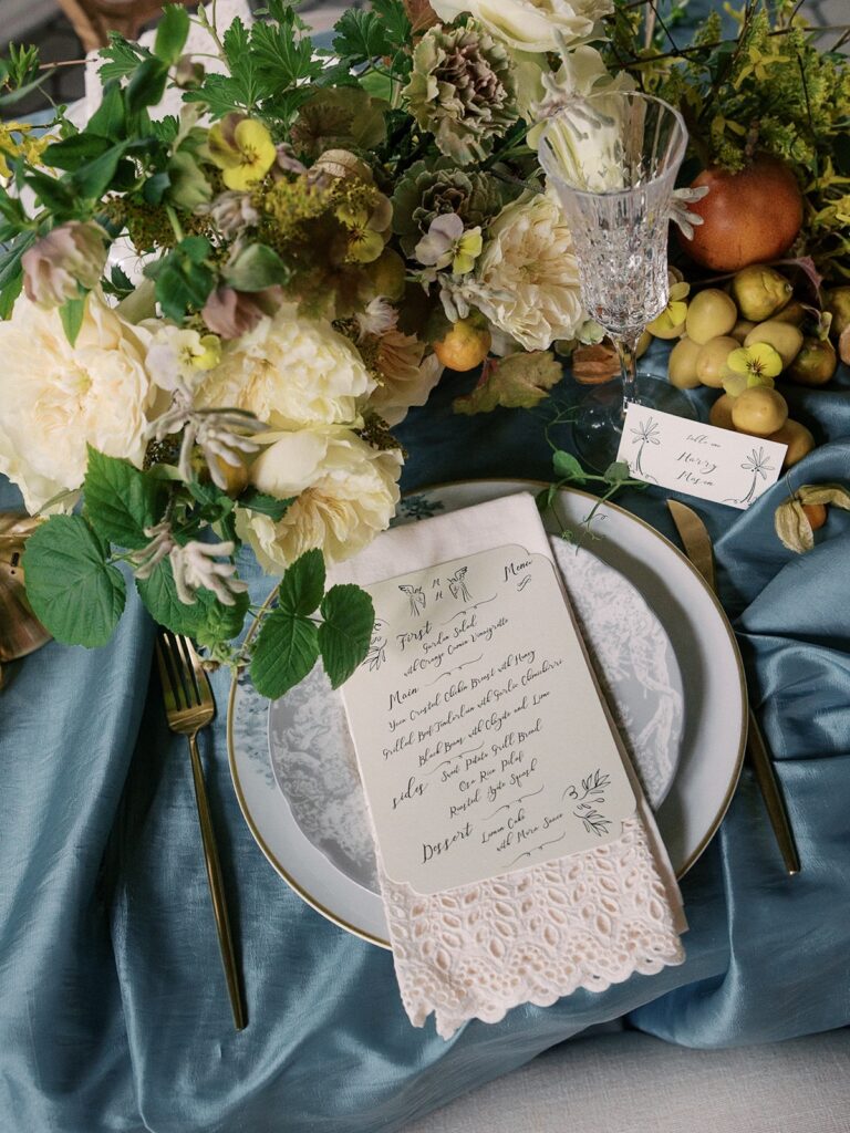 Aerial view of menu on plate with flowers
