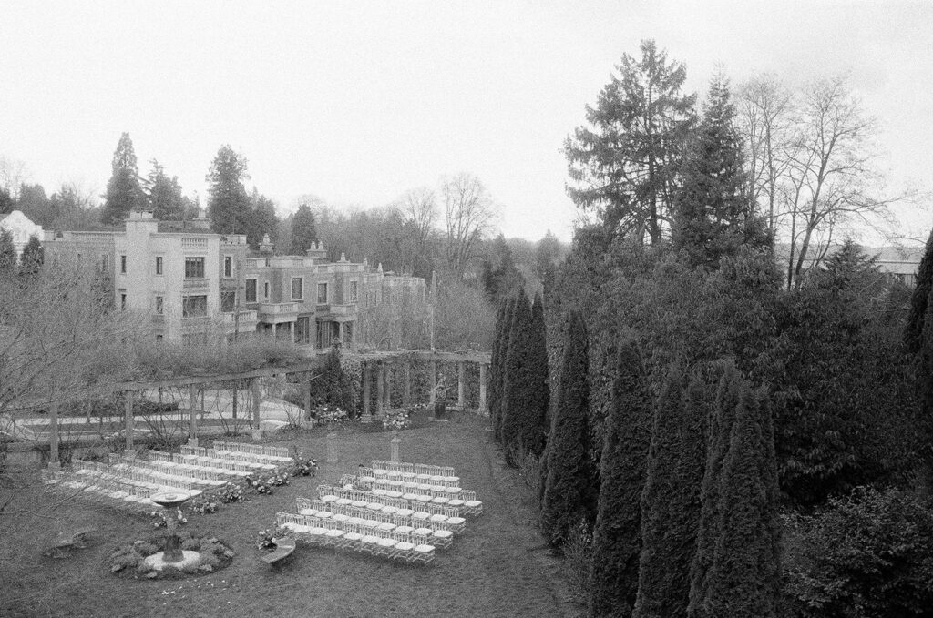 black and white of rose garden ceremony