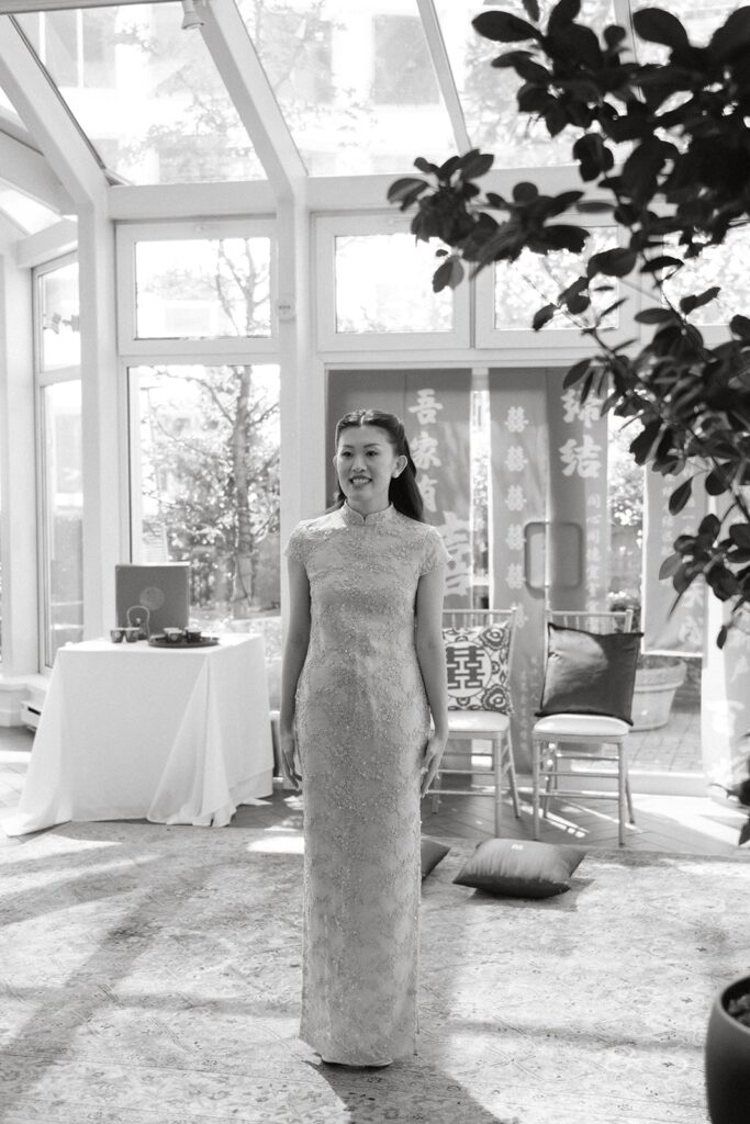bride in solarium for tea ceremony